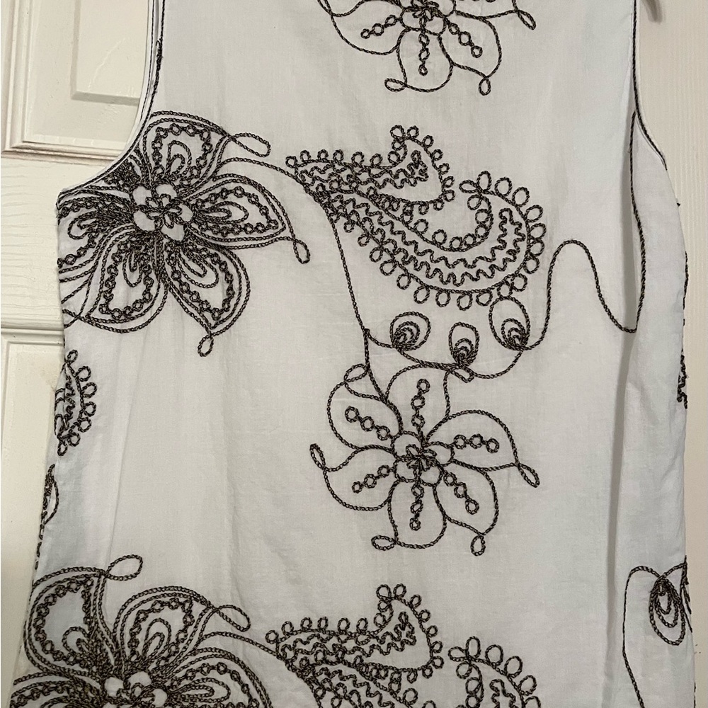 White Sleeveless Top with Black Floral Embroidery